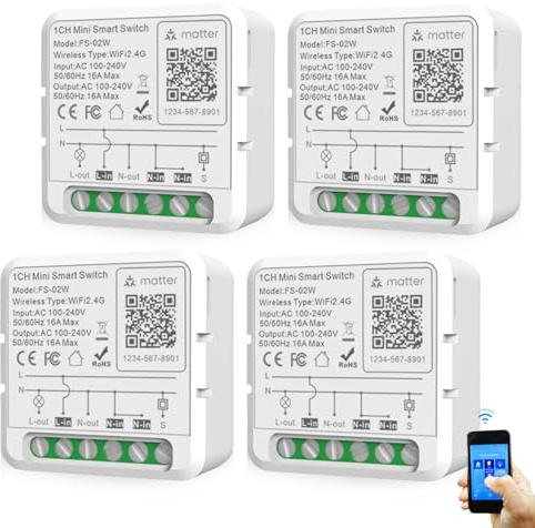 Behogan 4 Stück Matter Smart Lichtschalter Modul 1 Wege, Matter Switch, Matter Schalter,Smart Home Lichtschalter,Mini Smart Switch Kompatibel mit Google Assistant und Alexa,Neutralleiter Erforderlich