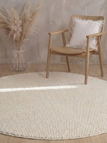 Ted Baker Wollteppich Diana - Natürlicher Wohnzimmerteppich Rund, 100% Wolle, Handgewebt & Zeitlos, Naturfaser Teppich, Skandi Look für Wohnzimmer, Schlafzimmer, Esszimmer – Natur Weiß, Ø 200 cm